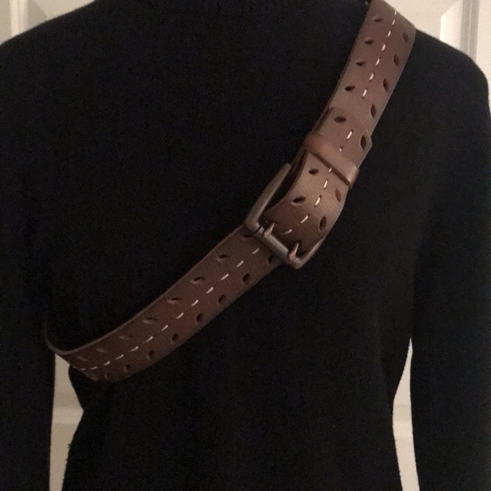 Fossil Brown Leather Belt with Ivory Stitching and Piercing Design 40”